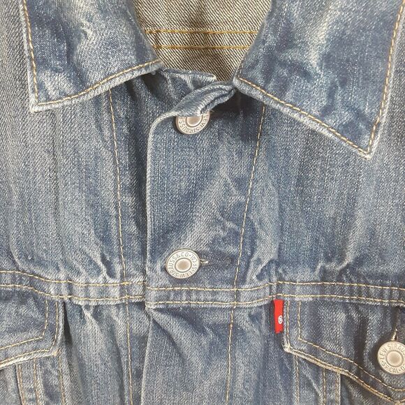 Levis Jean Jacket Adult Mens Large Blue Denim Trucker Work Blank Red Tab - Picture 5 of 10